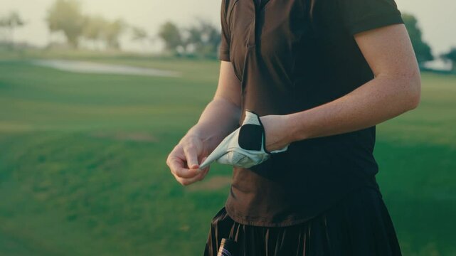 Slow-motion close-up of a female golfer removing her glove one finger at a time. The face is not visible. Focus on detail, texture, and rhythm in a calm moment before or after a shot.
