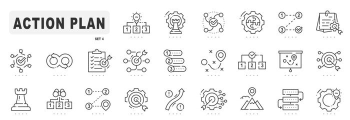 Action plan related line icons. Strategy, project, process etc. Editable stroke