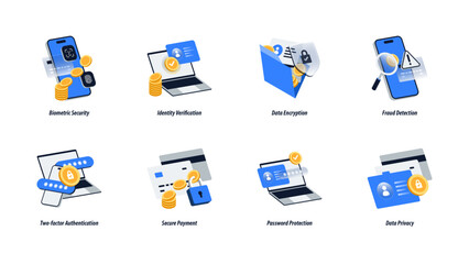 Modern Isometric Fintech Icons Set. Biometric Security, Encryption, 2FA, Fraud Detection, Secure Payment, Data Privacy. Editable Vector for App, Web, and UI Design.