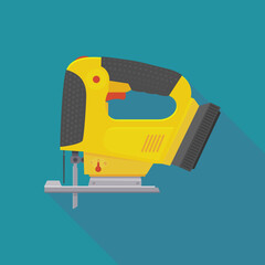Yellow jigsaw side view in flat design style on a blue background with long shadow