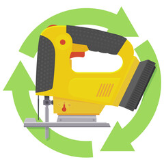 Jigsaw with a green circular symbol of three recycling arrows in a flat design style (cut out)