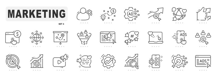 Marketing line icons. Advertising, strategy, seo etc. Editable stroke