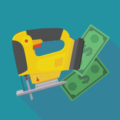Yellow jigsaw side view with dollar banknotes in flat design style on a blue background with long shadow