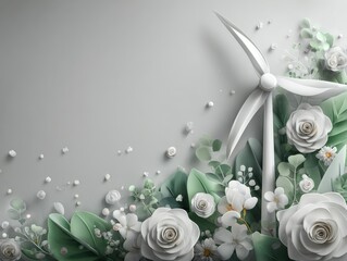 A wind turbine encircled by lush greenery and vibrant blooms represents a commitment to renewable energy and eco-friendly practices