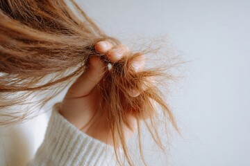 Woman's Hand Touching Broken, Fluffy Hair Against White Background. Generative AI
