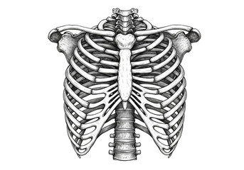 Detailed Ribcage Skeleton Anatomy Illustration on Transparent Background