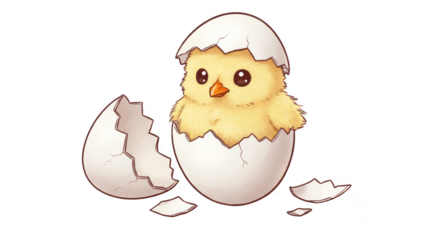 Cute Chick Hatching from Egg Shell Illustration with Transparent Background