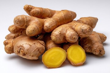 Fototapeta premium A pile of fresh ginger root with two slices showing the bright yellow interior on a white background