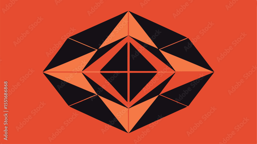 Poster geometric abstract design of a symmetric shape in orange and black with transparency