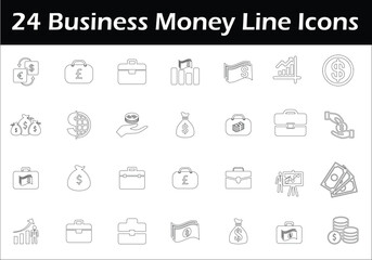 24 Detailed Business & Money Line Art Icons – Minimalist Black and White Vector Set