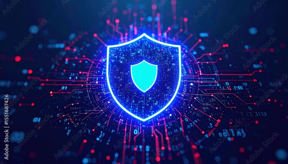 Poster a glowing digital shield icon representing cybersecurity protection surrounded by abstract circuitry