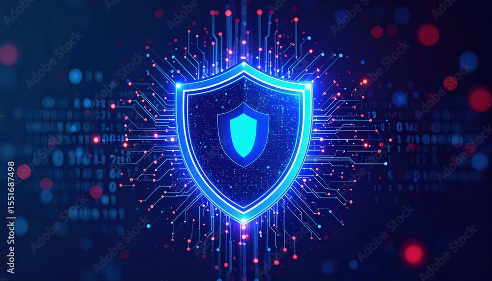 Poster a glowing digital shield icon surrounded by circuit-like lines symbolizes cybersecurity and data pro