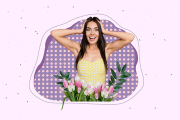 Full art sketch 3d collage image poster of happy girl stand tulips flower bloom bouquet spring summer party celebration park