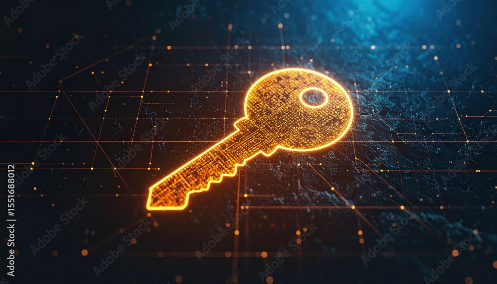 Aufkleber a glowing digital key icon floats above a futuristic grid, symbolizing cybersecurity, encryption, or