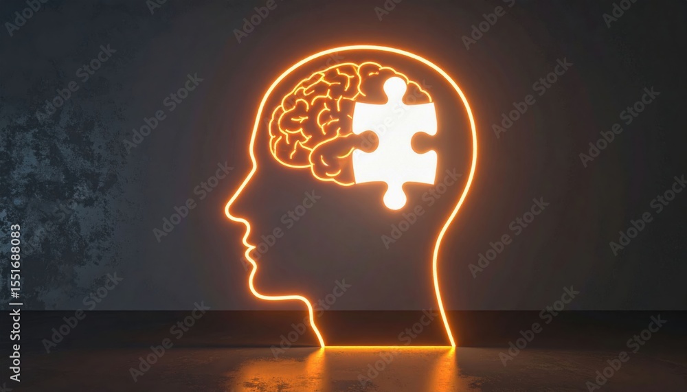 Poster neon outline of a human head with a brain and a missing puzzle piece illuminated inside, symbolizing