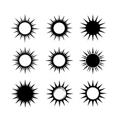 Twelve stylized sun icons: minimalist black sunburst illustrations, graphic design elements, vector set.