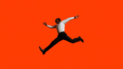 Fototapeta premium Person with speaker head jumping mid air against bright orange background energetic and dynamic scene modern and vibrant style