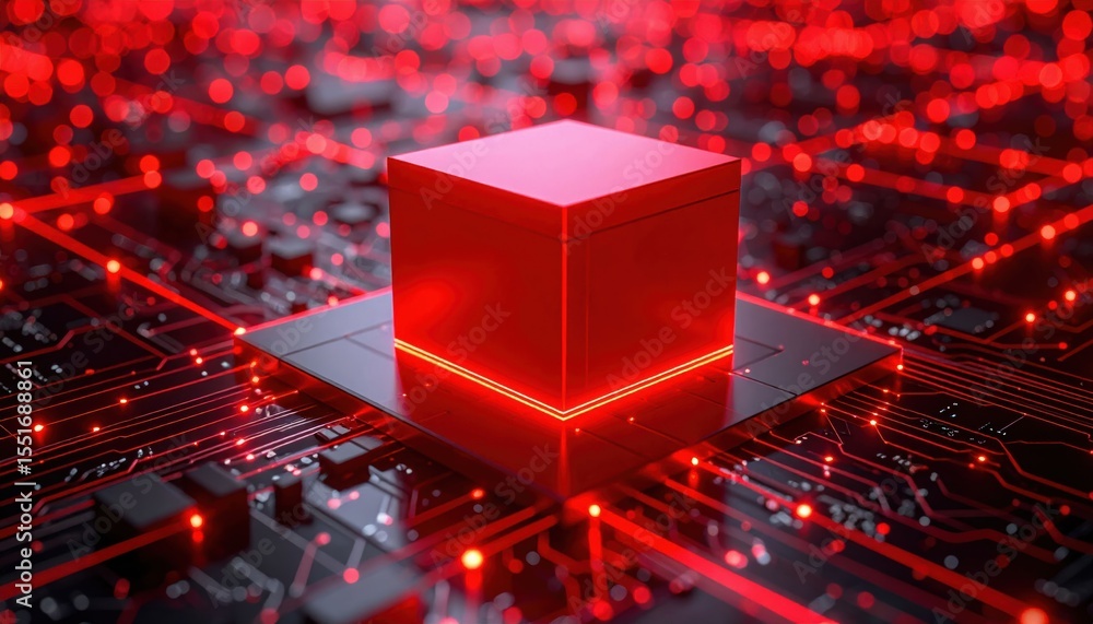 Poster a glowing red cube sits on a futuristic circuit board illuminated by red lights, symbolizing advance