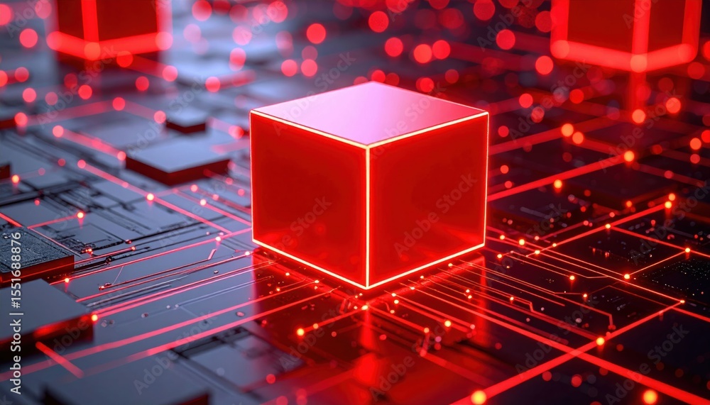 Poster a glowing red cube hovers above a futuristic circuit board, illuminated by red light and surrounded 