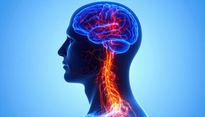 Fototapeta premium A digital illustration of a human head and neck highlighting the brain and nervous system in glowing red and blue lines.