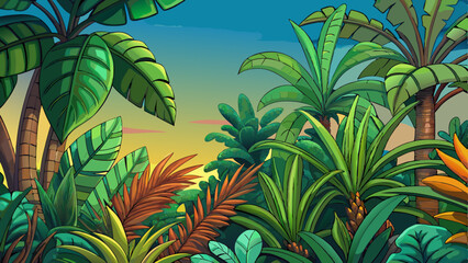 Obraz premium Tropical foliage in a deep jungle scene, rich with vibrant greenery, lush leaves, and wild rainforest atmosphere for nature-themed designs