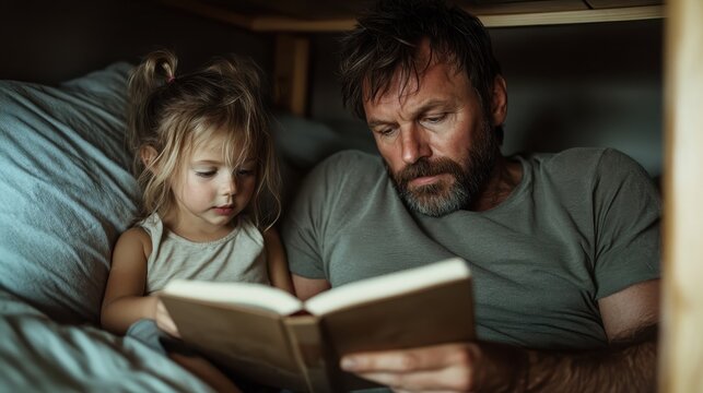 This heartwarming image features a father reading a book to his daughter in a cozy setting, portraying the intimate bond of storytelling and the joy of nurturing young minds.