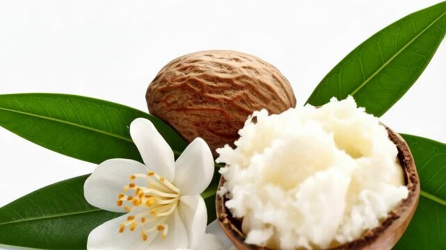 Creamy shea butter in nutshell with green leaves and white flower displayed on clean white background, highlighting natural skincare ingredient