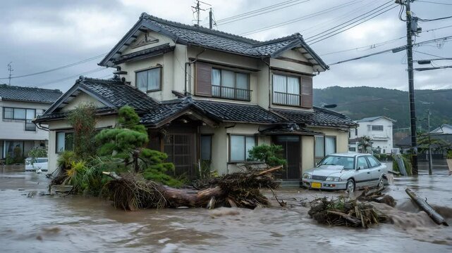 浸水した家と流される車の衝撃的光景