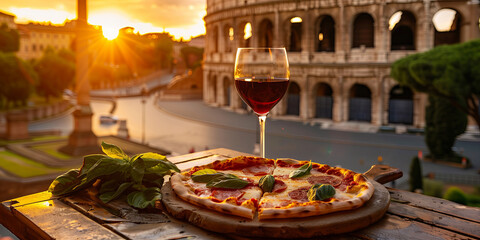 Freshly baked Italian pizza on a rustic plate and a glass of red wine on a table, with a view of the Colosseum in Rome in the background.