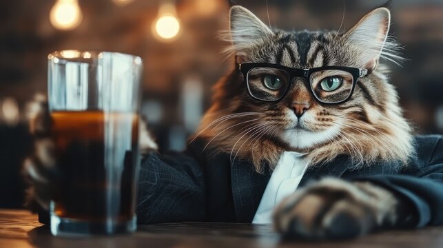 A sophisticated cat wearing glasses and a suit lounges elegantly while holding a glass of drink, blending whimsical charm with an air of class in an entertaining setting.