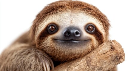 Fototapeta premium A cute sloth comfortably resting on a branch with a charming smile, showcasing its relaxed demeanor, embodying traits of tranquility and the slower pace of life in nature.