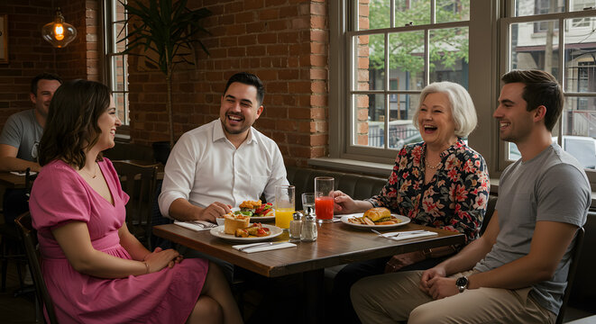 Joyful Multigenerational Family Brunch at a Cozy Restaurant