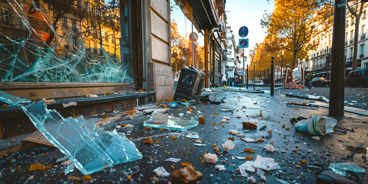 Broken glass and debris on a street of Paris after riot protest.