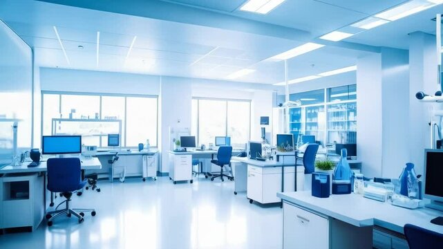 Clean, sterile laboratory interior with multiple workstations, computer monitors, and bright lighting for scientific research.