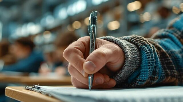 Close-up View of a Hand Writing with a Pen in an Exam Room full with people