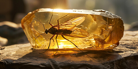 Prehistoric insect trapped in a piece of amber lying on the sand beach, waves of the Baltic sea in the background.
