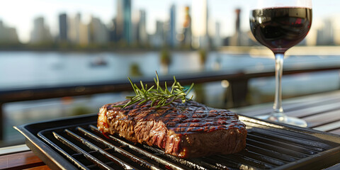 Argentinian steak on a grill plate with a glass of red wine, Buenos Aires skyline in the background