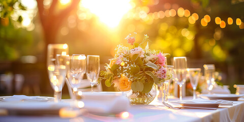 Elegant wedding dinner table setting decorated with white dishes, flowers in glass vases at bright summer sunset.