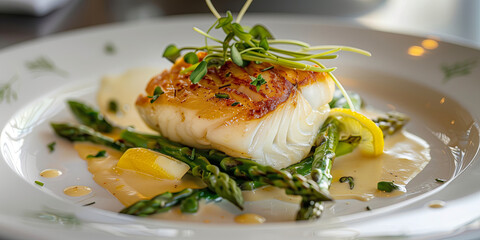 Delicious white fish with asparagus and lemon served with sauce on a white plate.