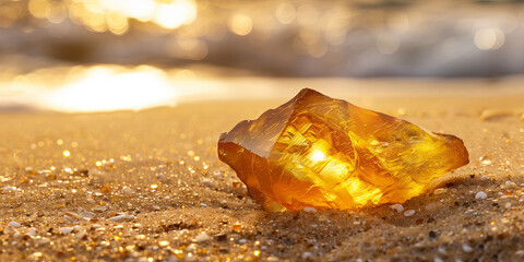 Beautiful pieces of amber on the sand beach, waves of the Baltic sea in the background.