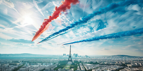 Celebrating 14 july in France, alphajet of the patrol of France flying over the city.