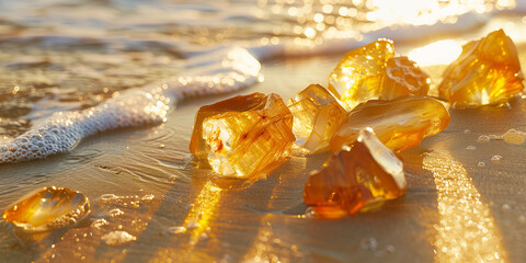 Beautiful pieces of amber on the sand beach, waves of the Baltic sea in the background.