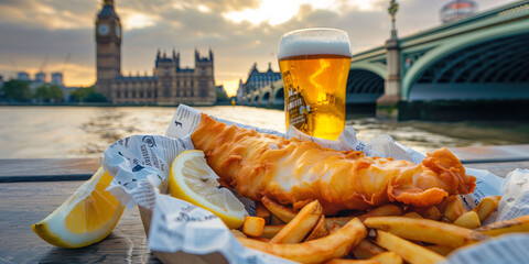Crispy fish and chips in paper wrapping with lemon wedge, pint of beer, Big Ben in the background, cloudy London sky.