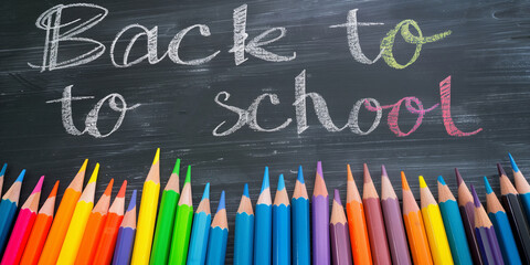 Many colorful pencils on the black chalk board with the text "Back to school".