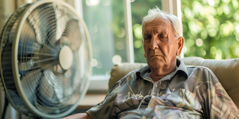 Senior man relaxing in front of fan on a hot summer day.