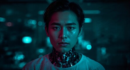 Asian male android model with half synthetic face lit by teal and magenta lights in cyber laboratory chamber