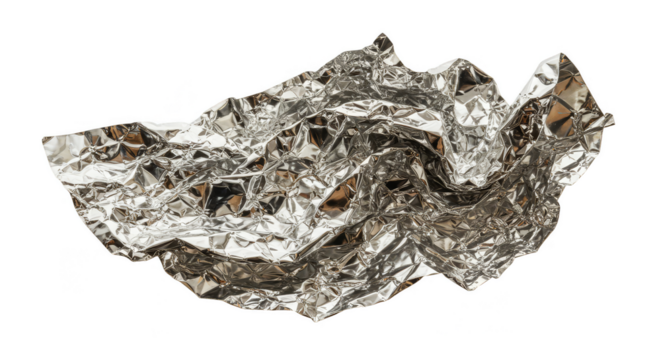 Crumpled Shiny Silver Aluminum Foil Texture Isolated Transparent