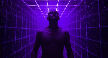 Bare chested African godlike figure under purple glowing grid of AI chamber