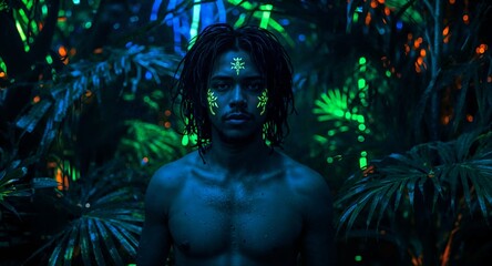 Bare chested Asian man with luminous scars and synthetic dreadlocks standing in neon jungle with bioluminescent plants