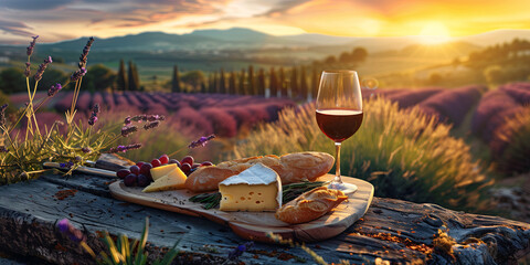 French cheese plate, fresh baguette and a glass of red wine on a wooden table, with lavender fields of Provence in the background.